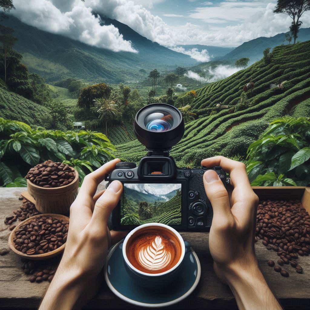 Viajero fotografiando un cafetal de montaña con una taza de café y granos tostados en primer plano