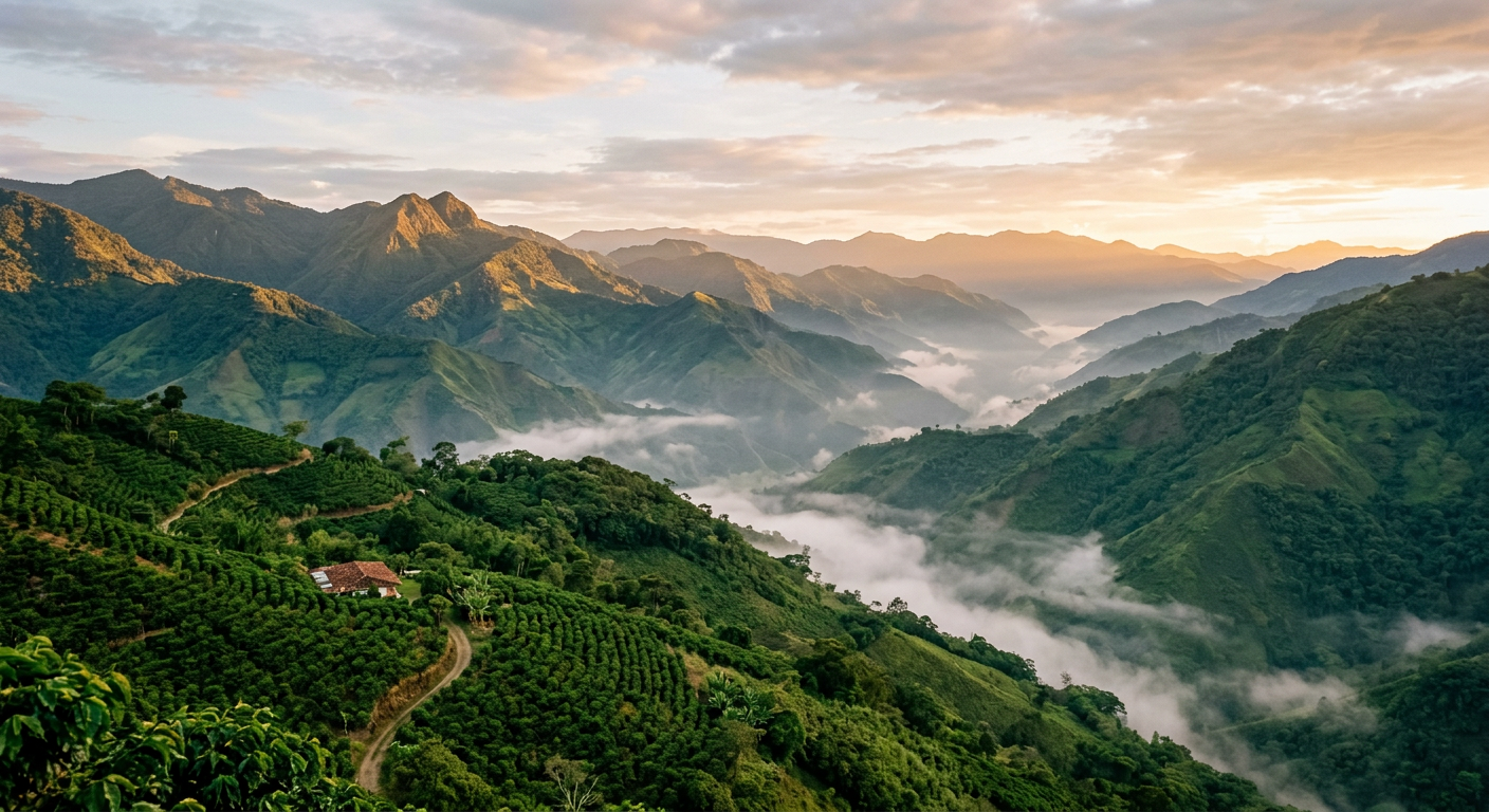 Montañas andinas de Antioquia cubiertas de niebla al amanecer