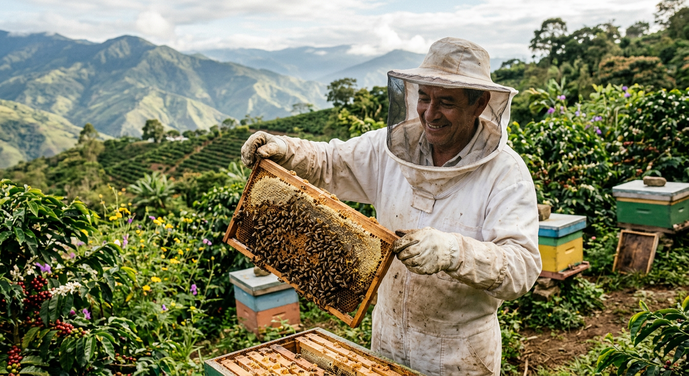 Apicultor andino sosteniendo un panal cubierto de abejas en una finca de montaña