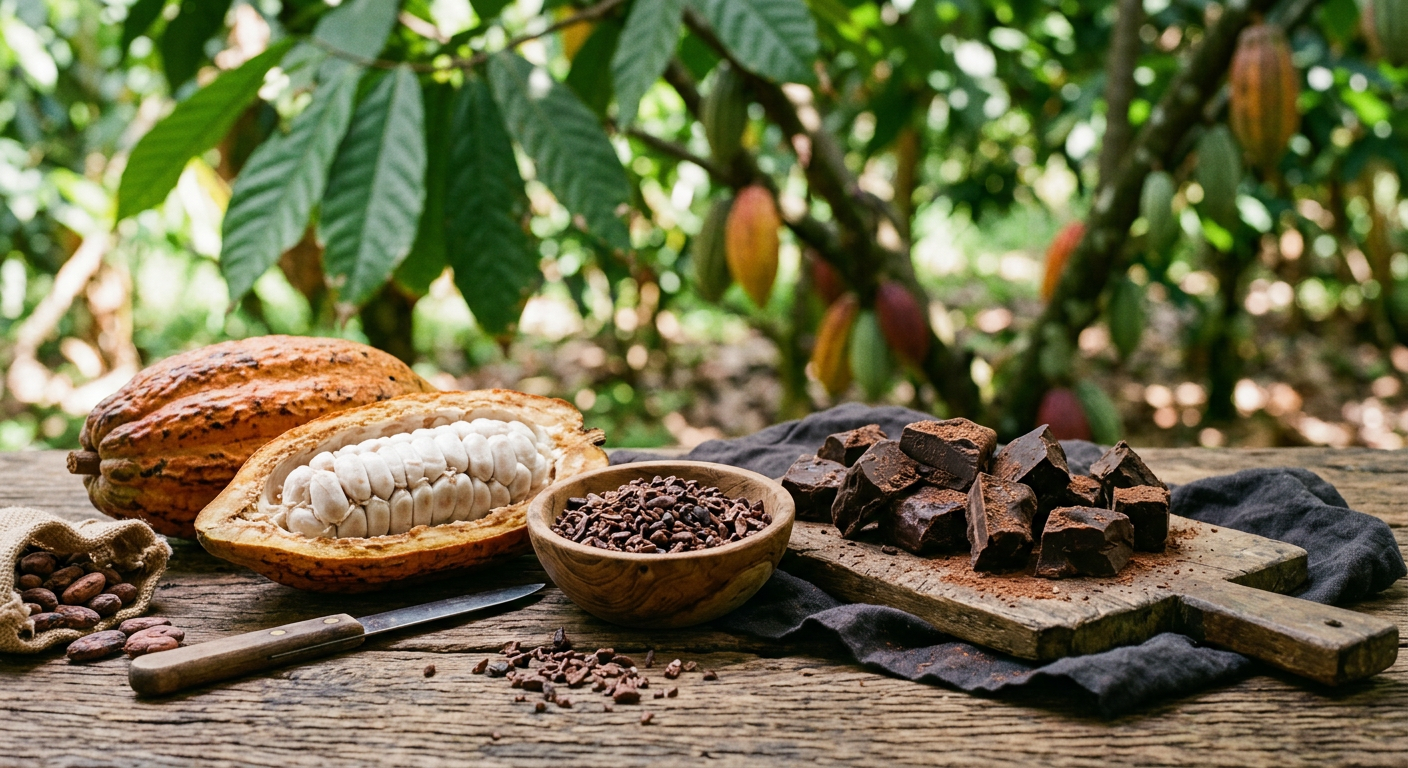 Mazorca de cacao abierta junto a chocolate artesanal