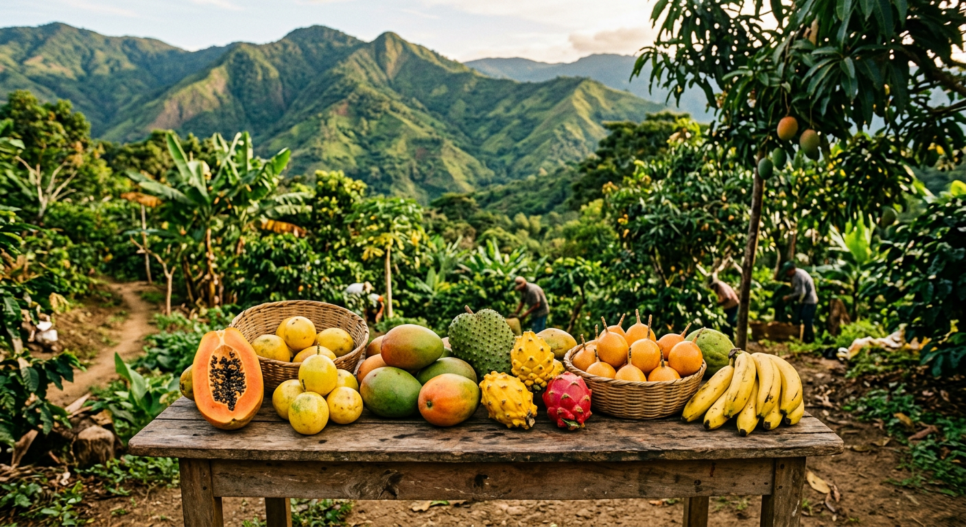 Mesa rústica con frutas tropicales frescas en una finca frutícola de Antioquia