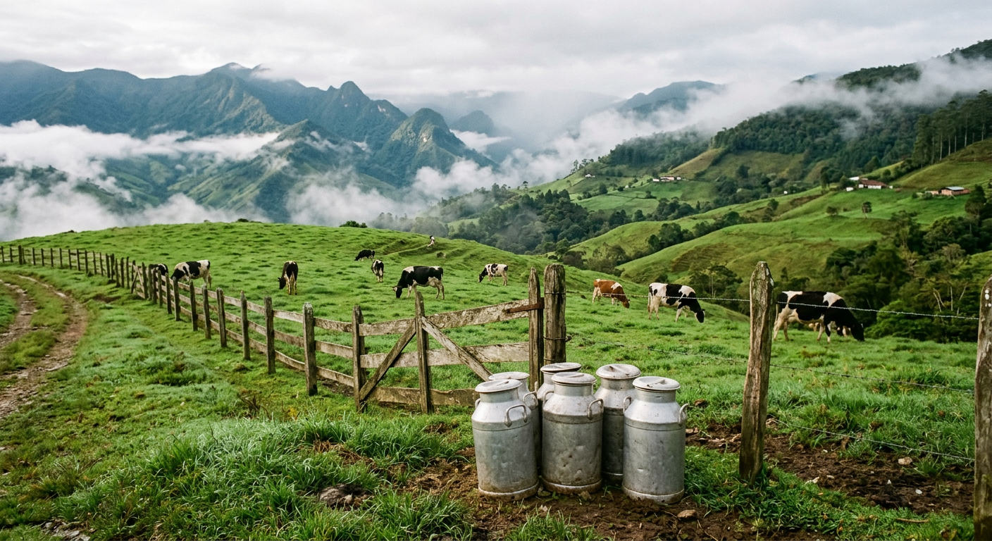 Vacas pastando en una granja lechera andina con niebla