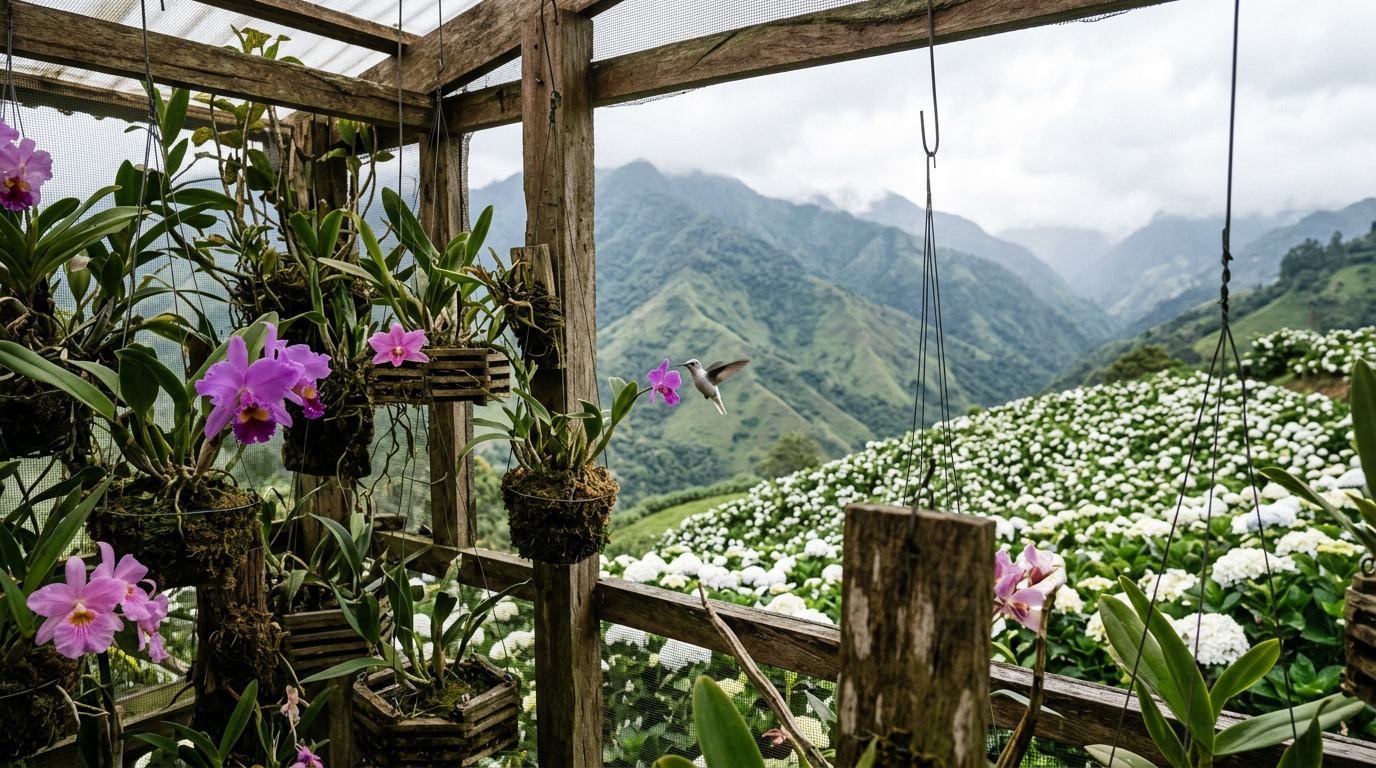 Orquídeas moradas y rosadas en un invernadero de madera frente a campos de hortensias blancas en la montaña