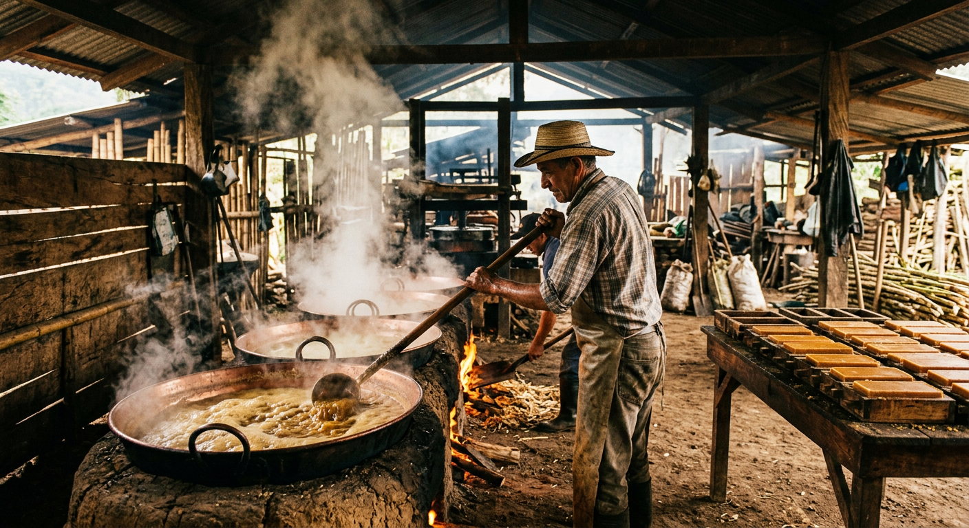 Interior de un trapiche tradicional con pailas de miel de caña